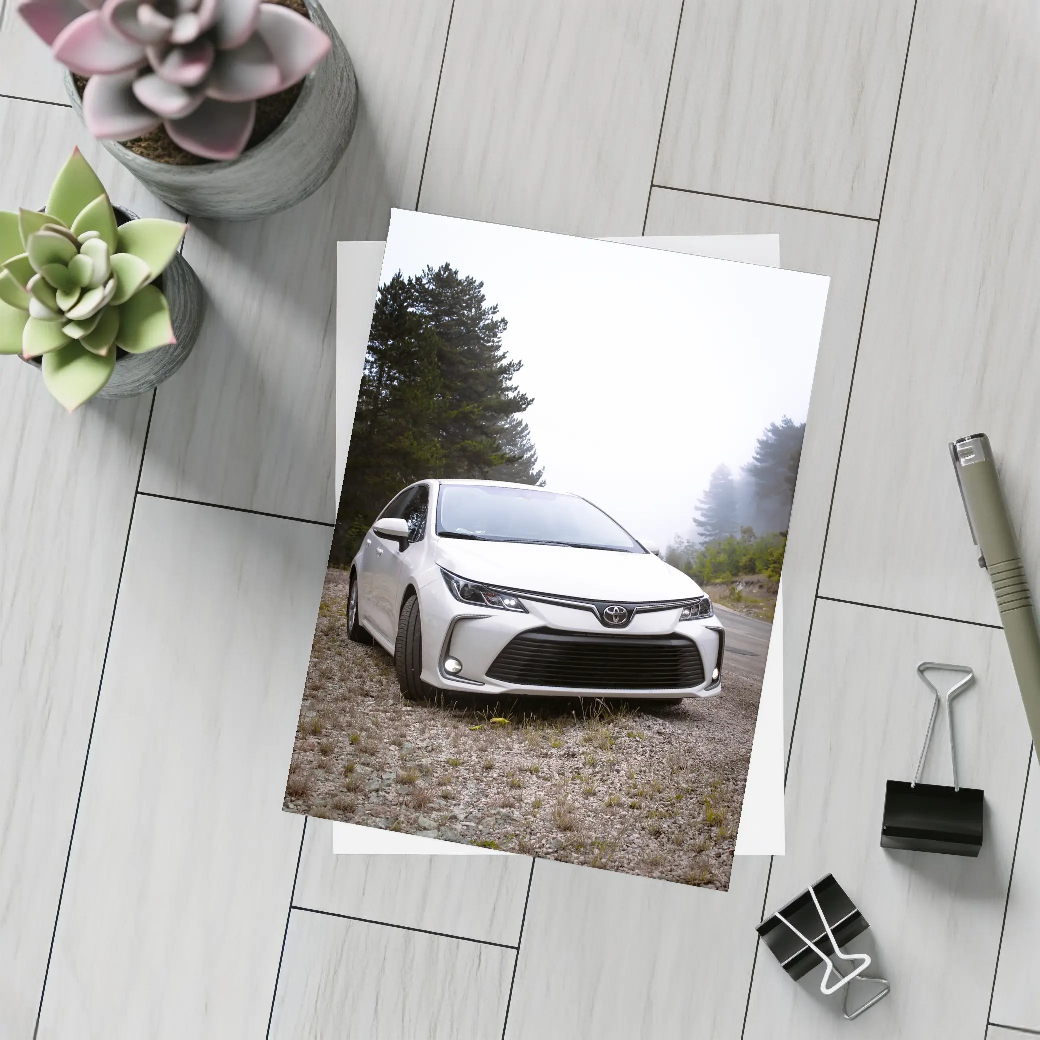 Toyota Corolla White Sedan Misty Forest Road – Postcards