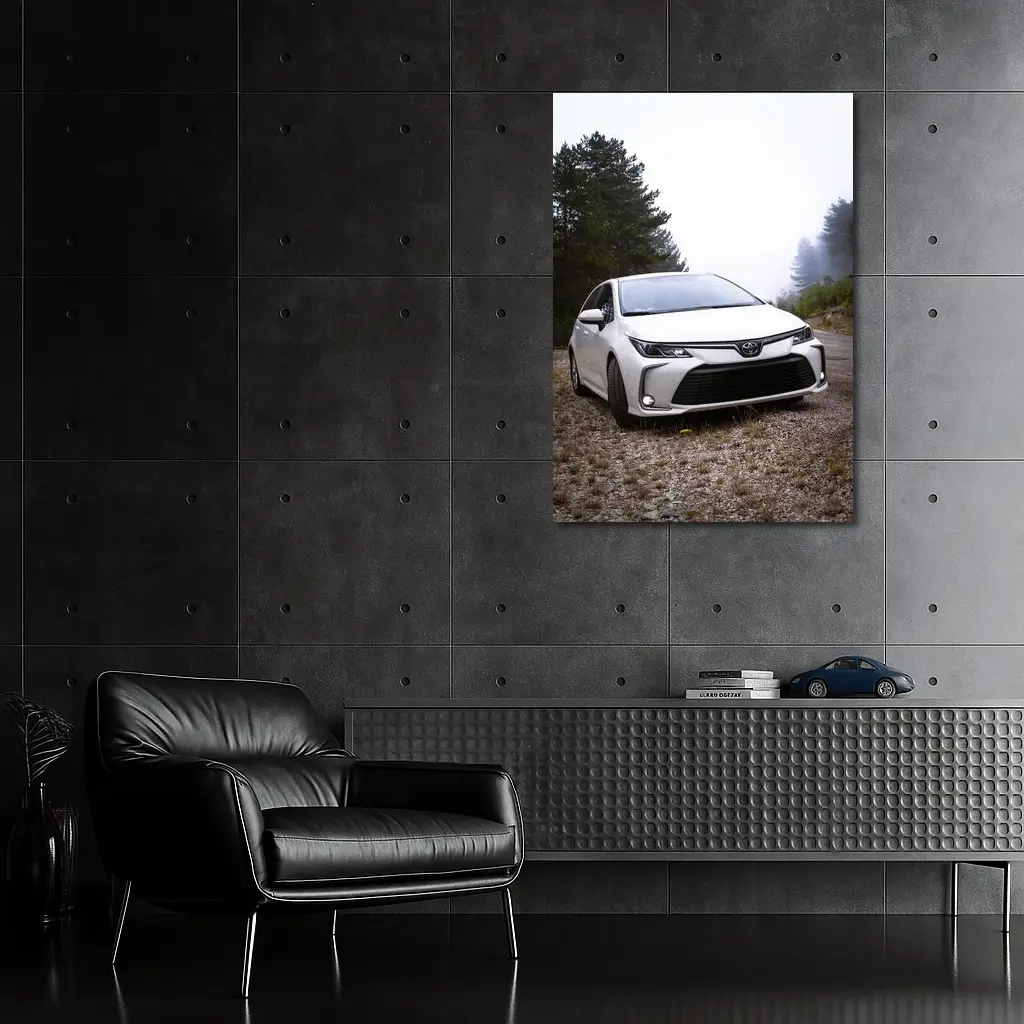 Toyota Corolla White Sedan Misty Forest Road – Wall Art