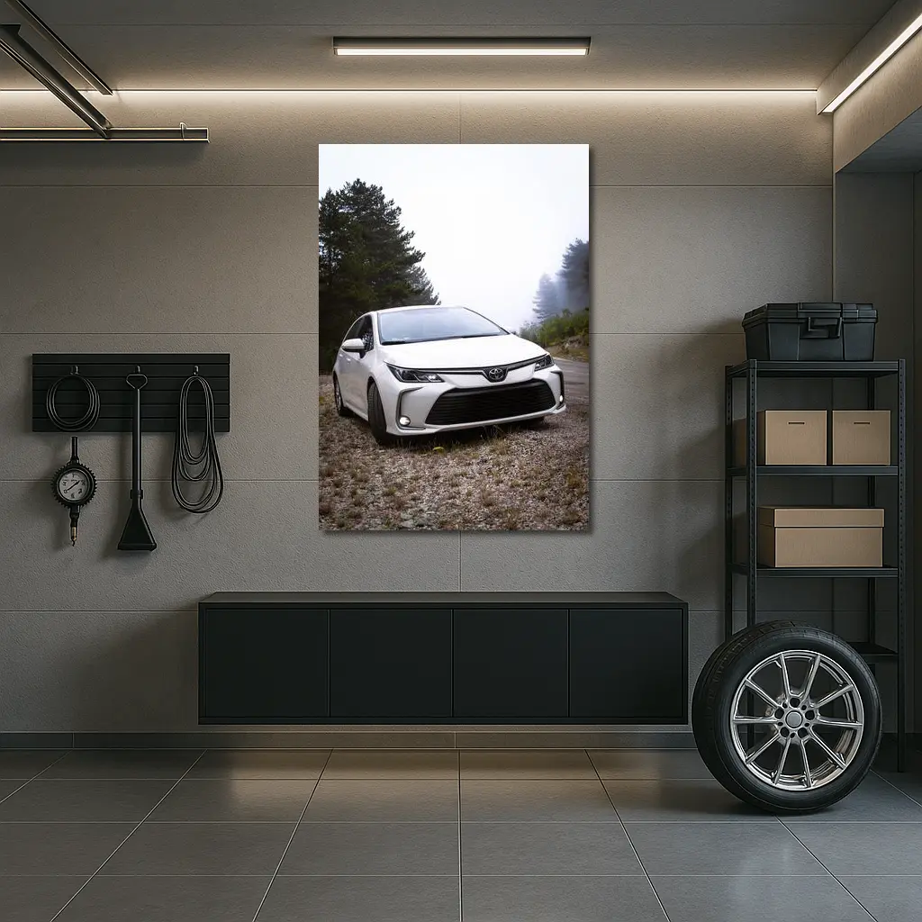 Toyota Corolla White Sedan Misty Forest Road – Wall Art