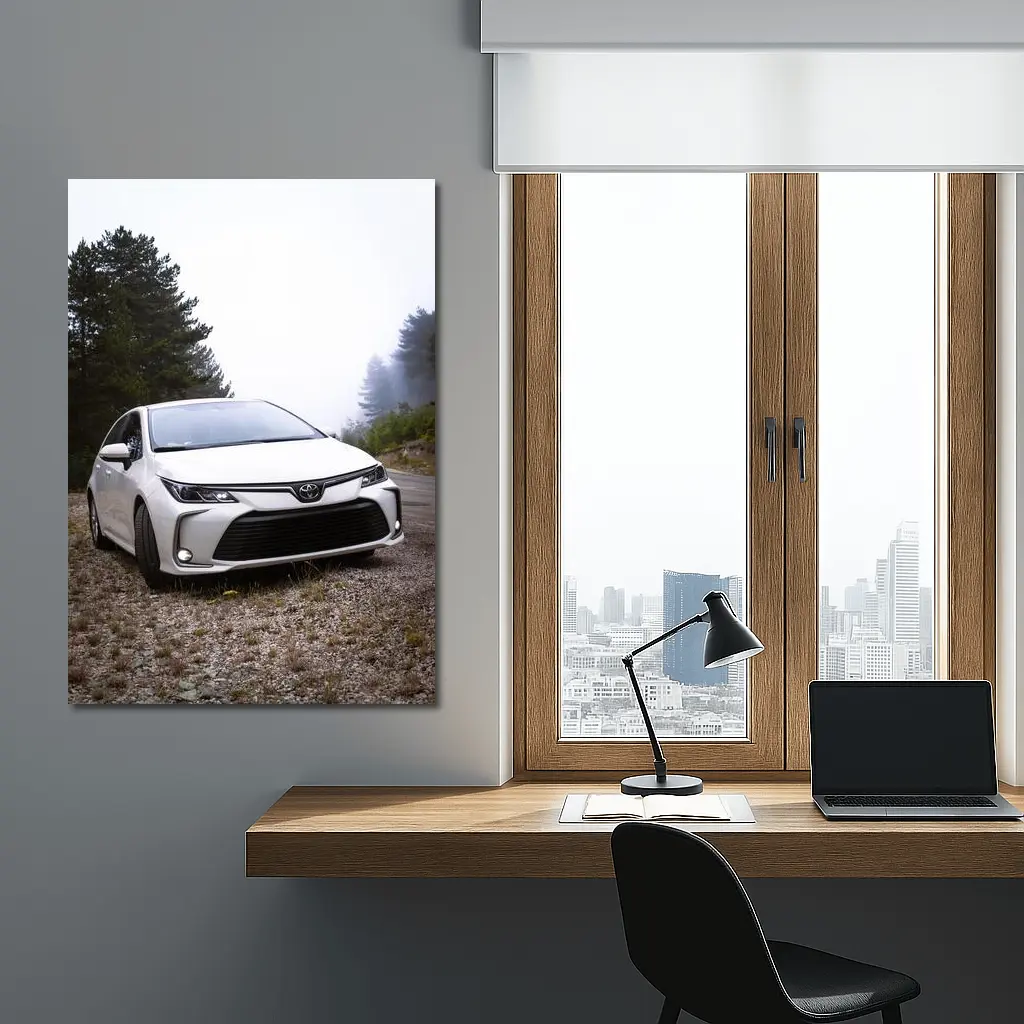 Toyota Corolla White Sedan Misty Forest Road – Wall Art