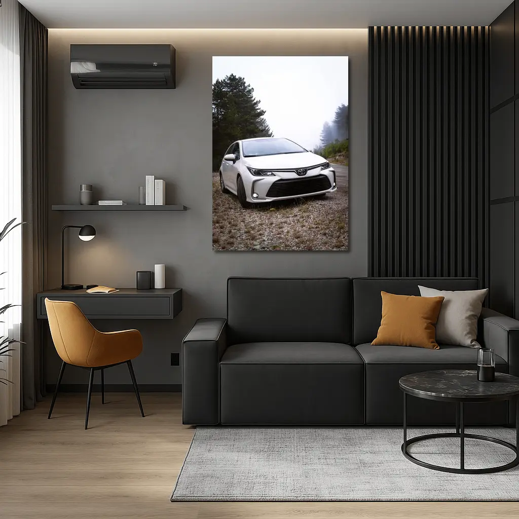 Toyota Corolla White Sedan Misty Forest Road – Wall Art