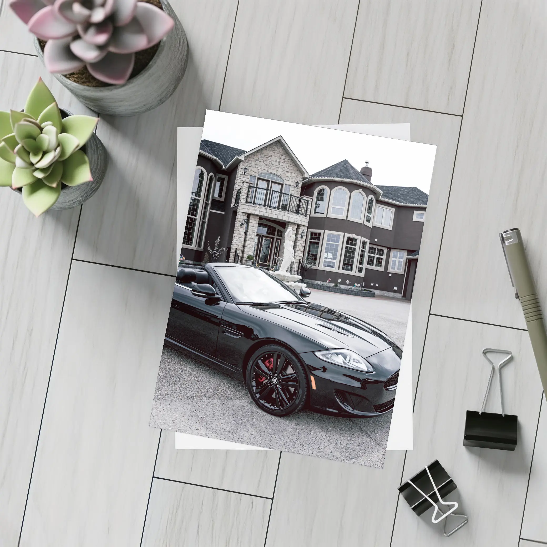 Black Jaguar XK Roadster Luxury Mansion Driveway – Postcards