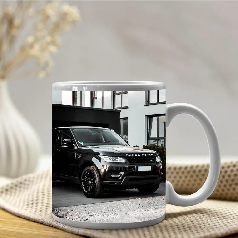 Black Range Rover Sport Parked Outside House – Mugs
