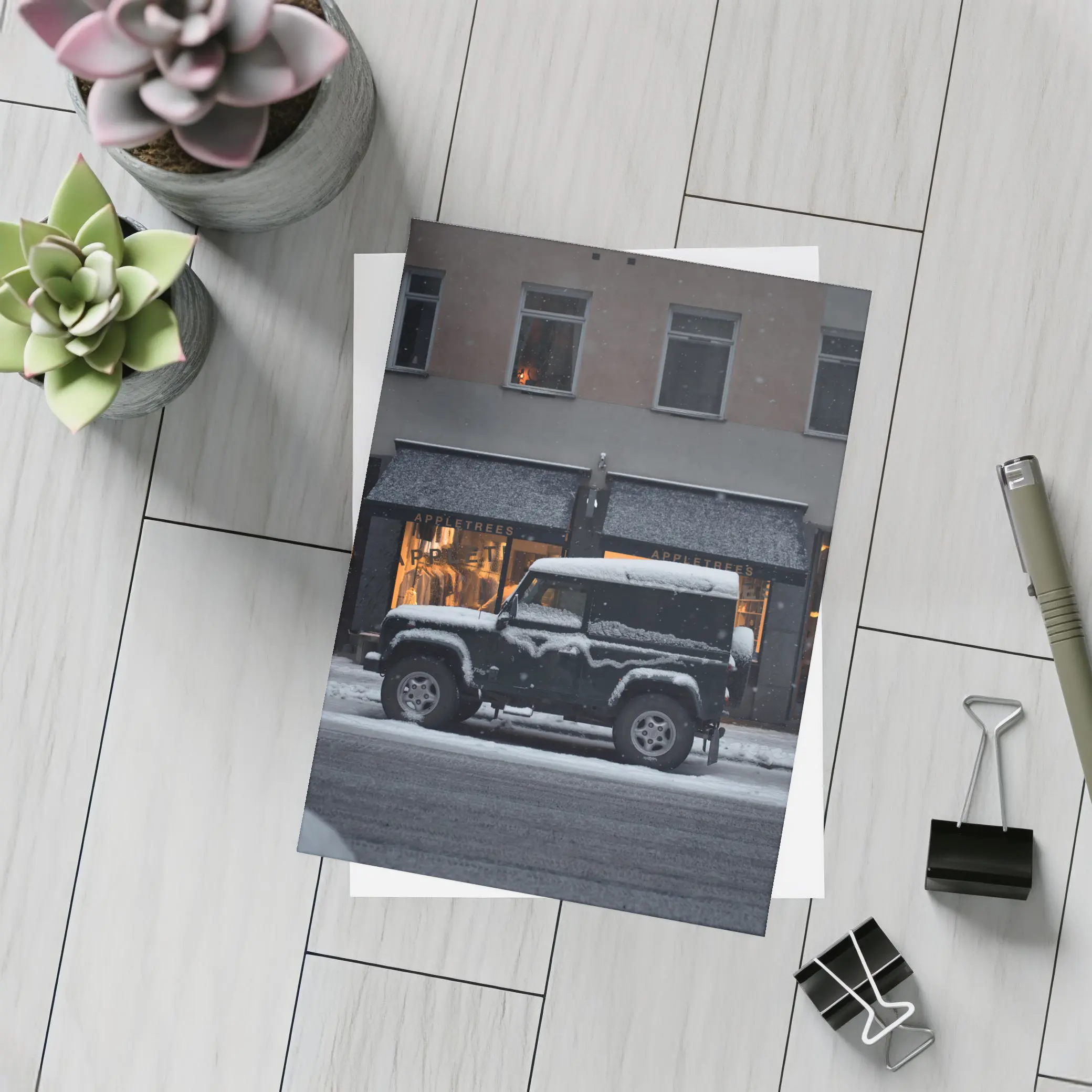 Land Rover Defender Snow Covered City Street – Postcards