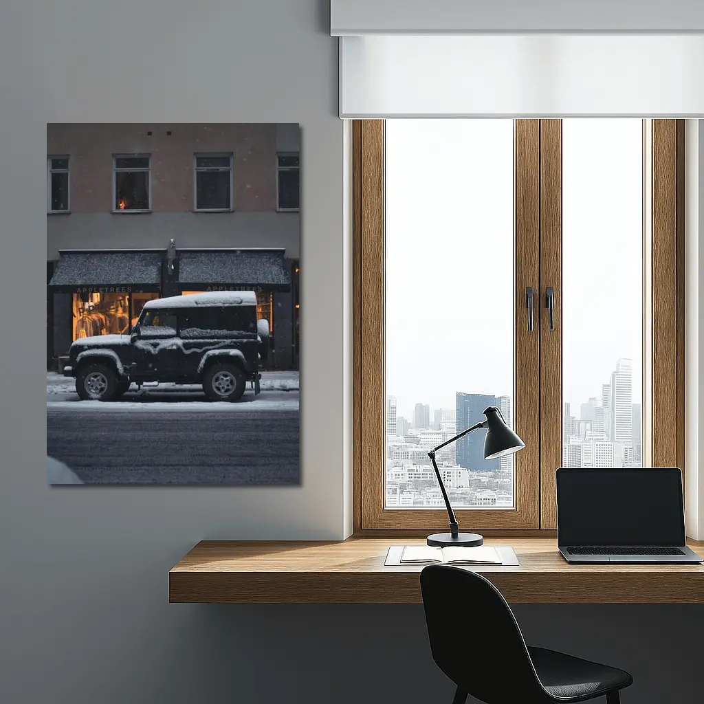 Land Rover Defender Snow Covered City Street – Wall Art