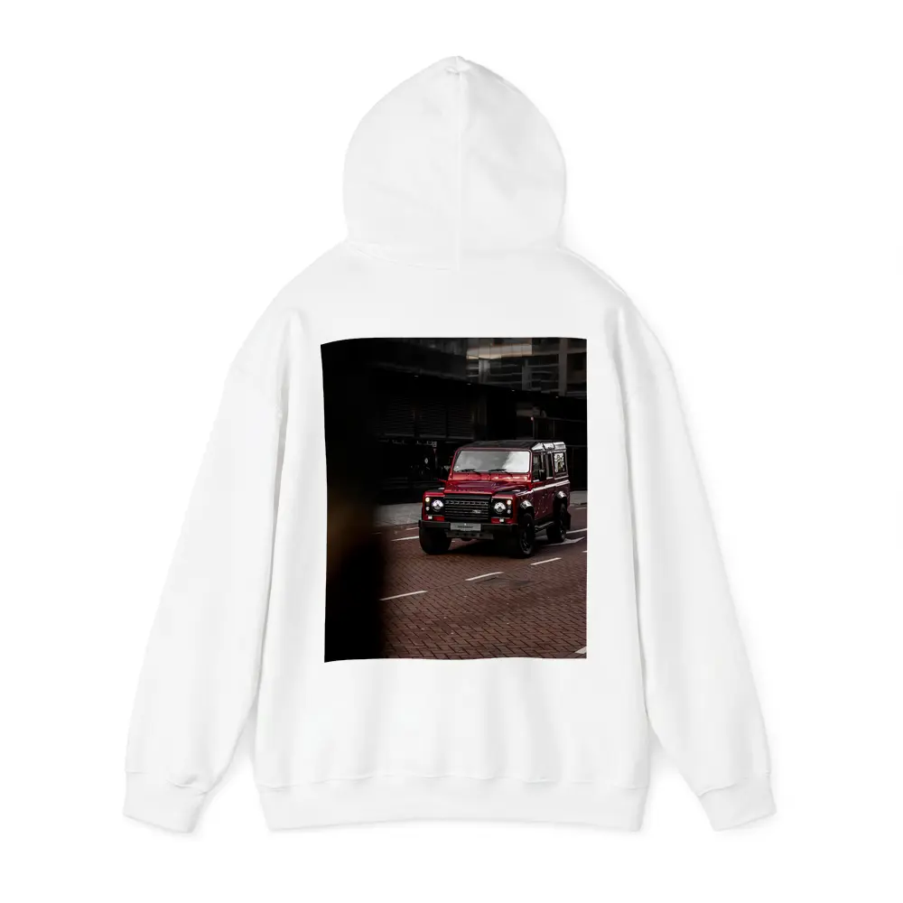 Land Rover Defender Red Urban Street Scene – Hoodies