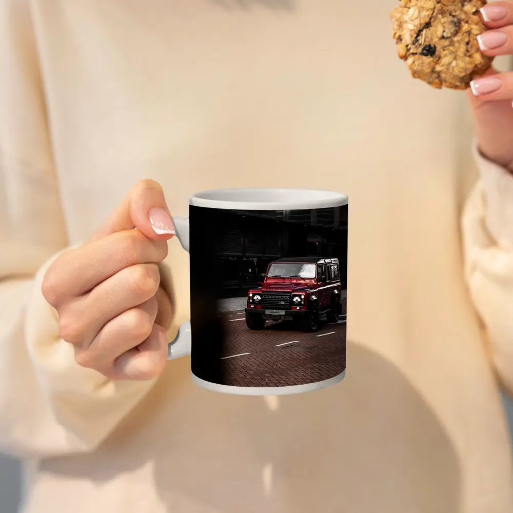 Land Rover Defender Red Urban Street Scene – Mugs