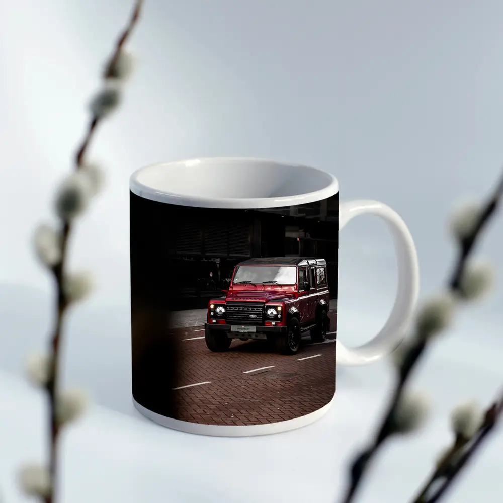Land Rover Defender Red Urban Street Scene – Mugs