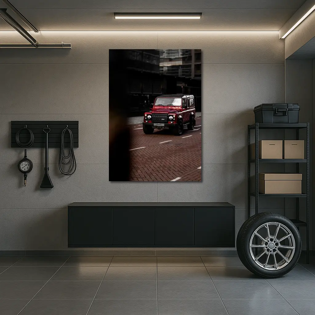 Land Rover Defender Red Urban Street Scene – Wall Art