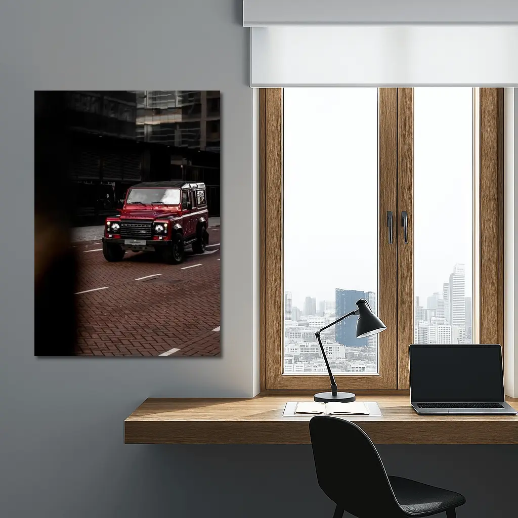 Land Rover Defender Red Urban Street Scene – Wall Art