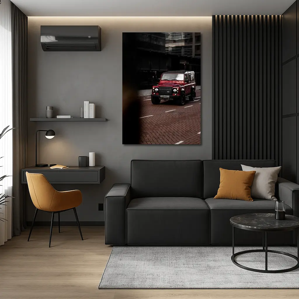 Land Rover Defender Red Urban Street Scene – Wall Art