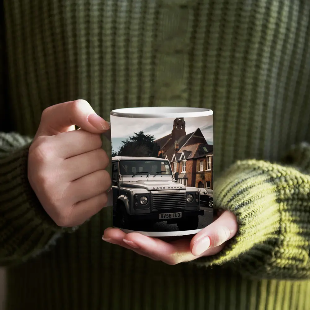 Land Rover Defender Parked English Village Street – Mugs