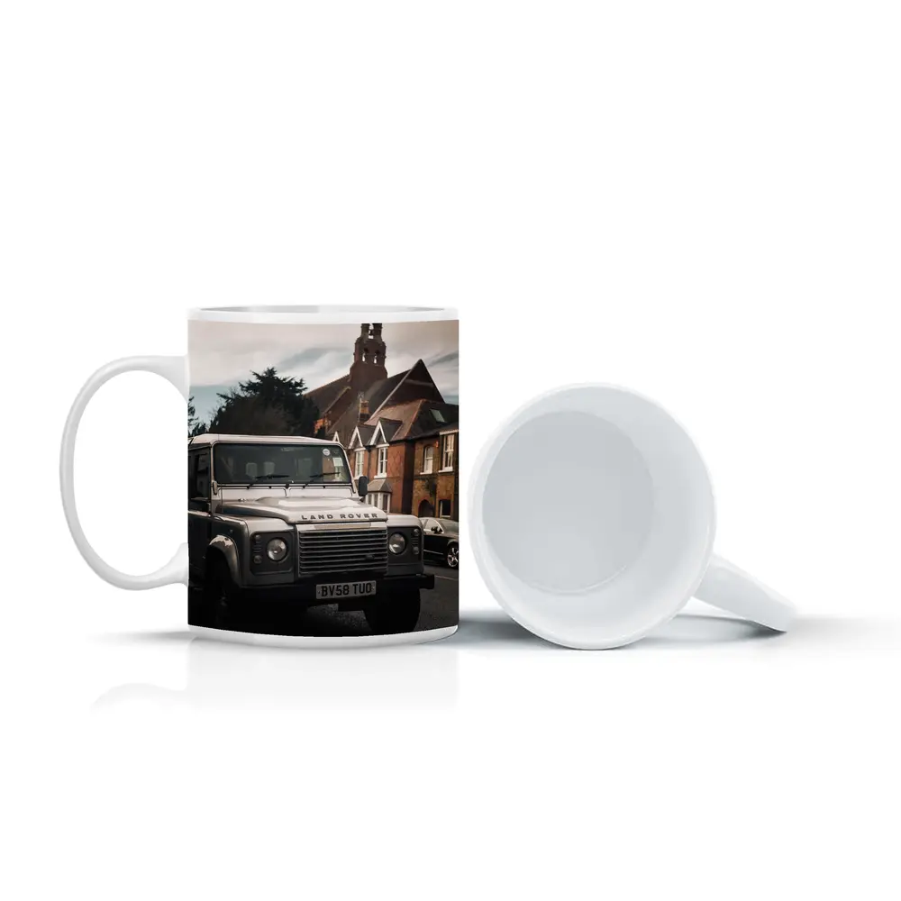 Land Rover Defender Parked English Village Street – Mugs
