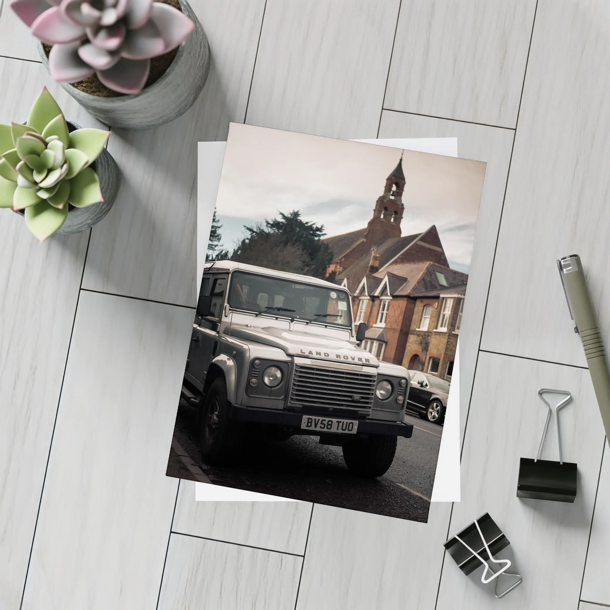 Land Rover Defender Parked English Village Street – Postcards