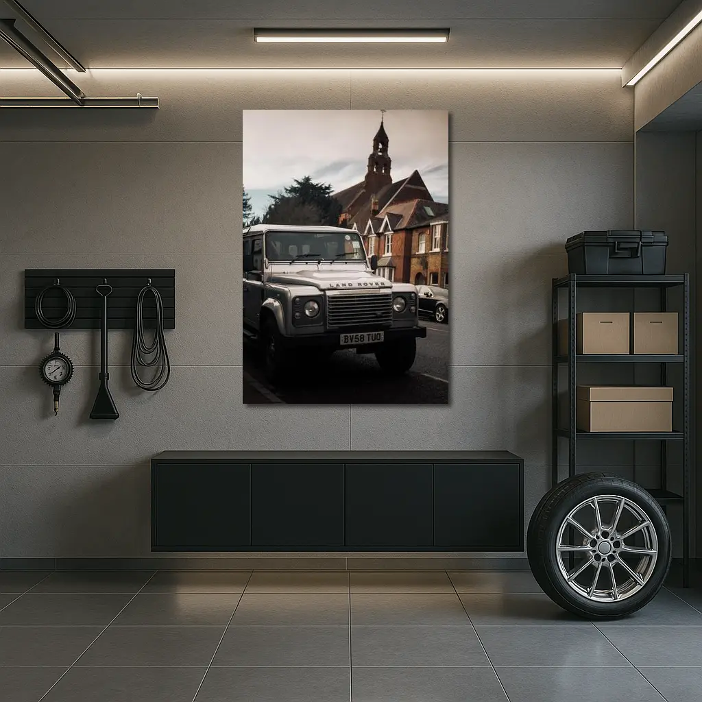 Land Rover Defender Parked English Village Street – Wall Art