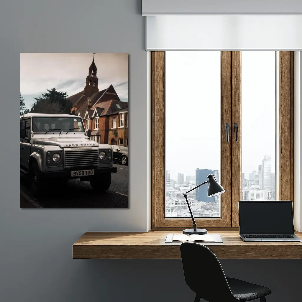 Land Rover Defender Parked English Village Street – Wall Art
