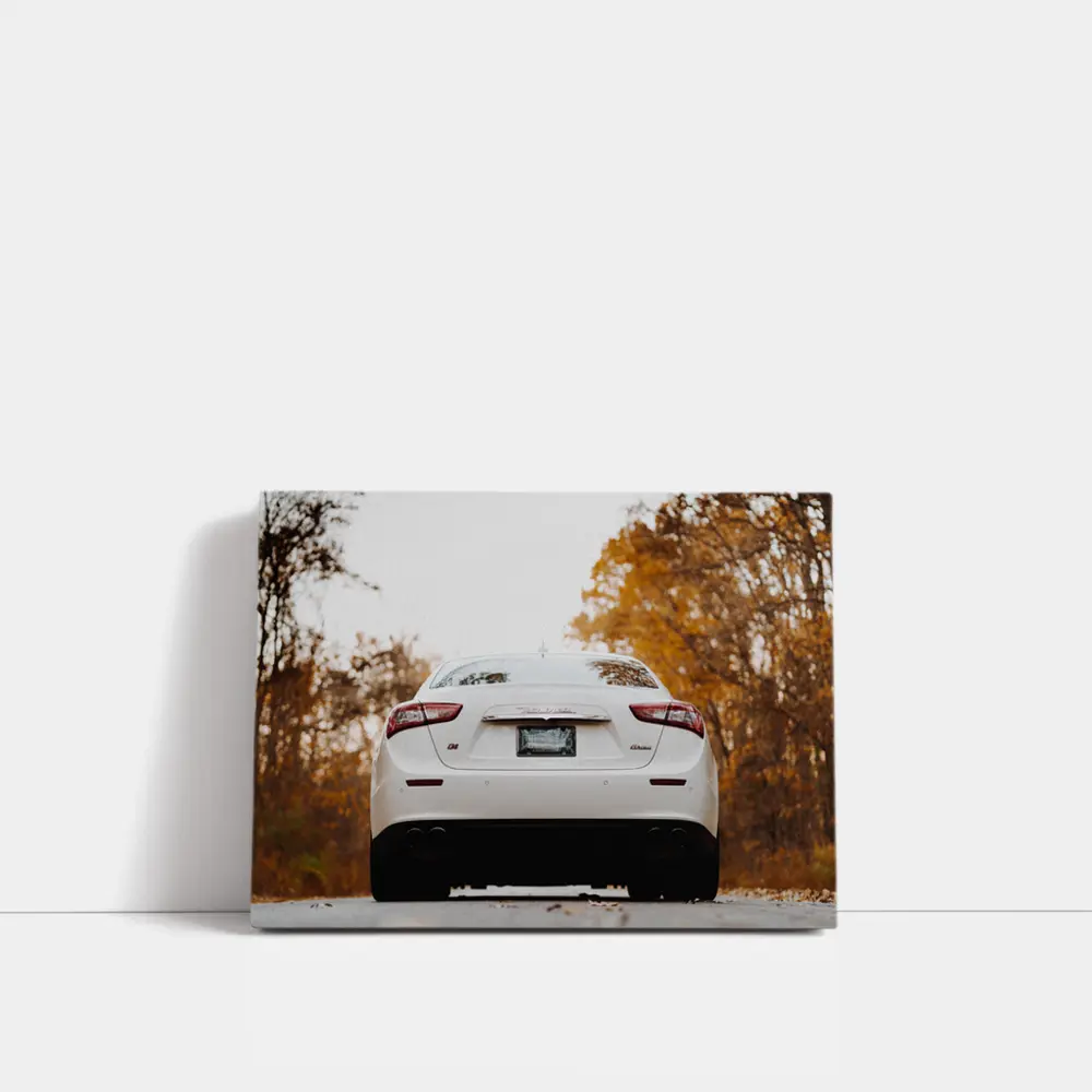 Maserati Ghibli White Sedan Autumn Road – Wall Art