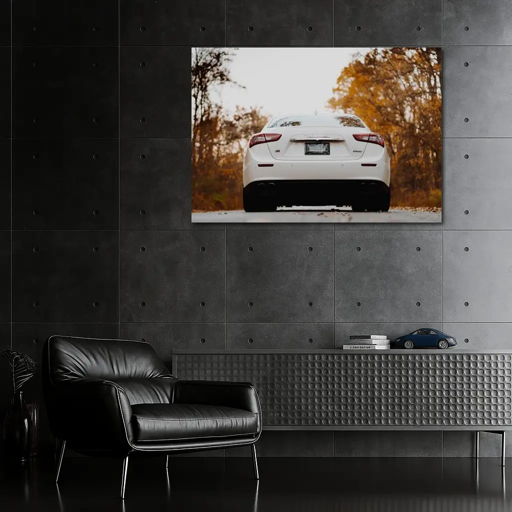 Maserati Ghibli White Sedan Autumn Road – Wall Art
