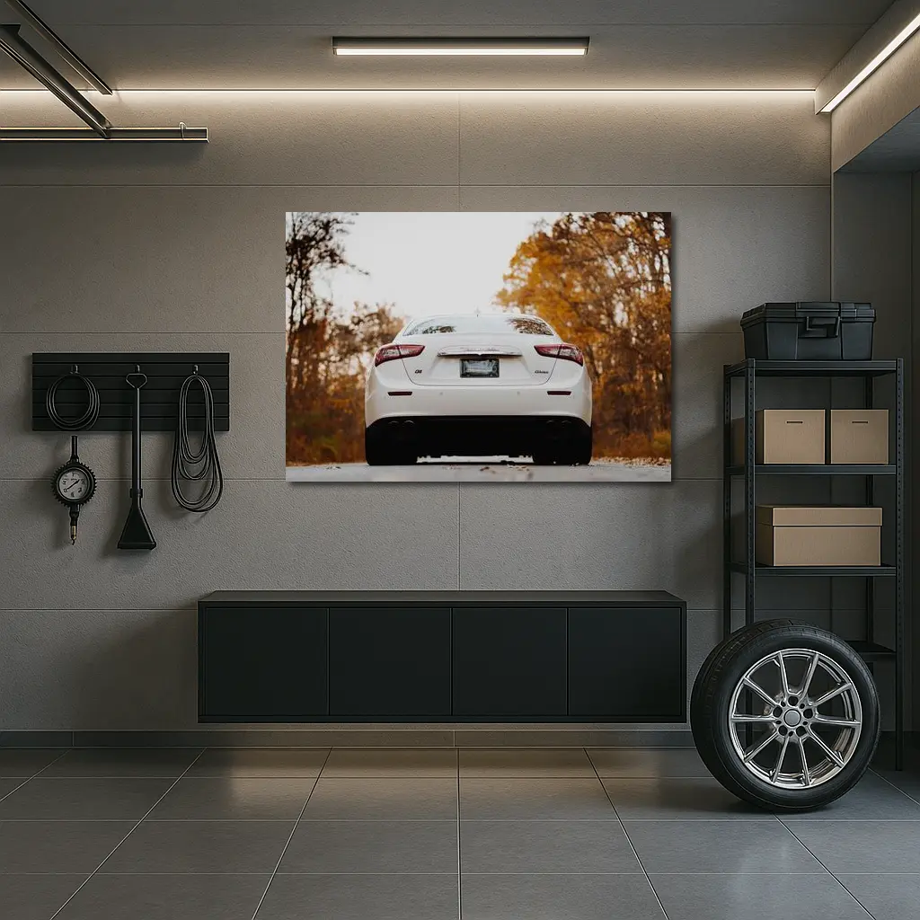 Maserati Ghibli White Sedan Autumn Road – Wall Art