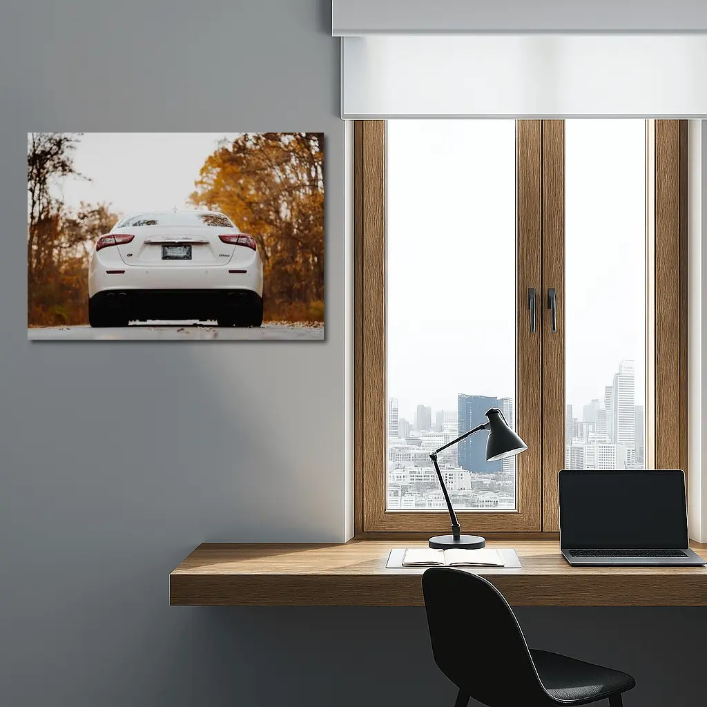 Maserati Ghibli White Sedan Autumn Road – Wall Art