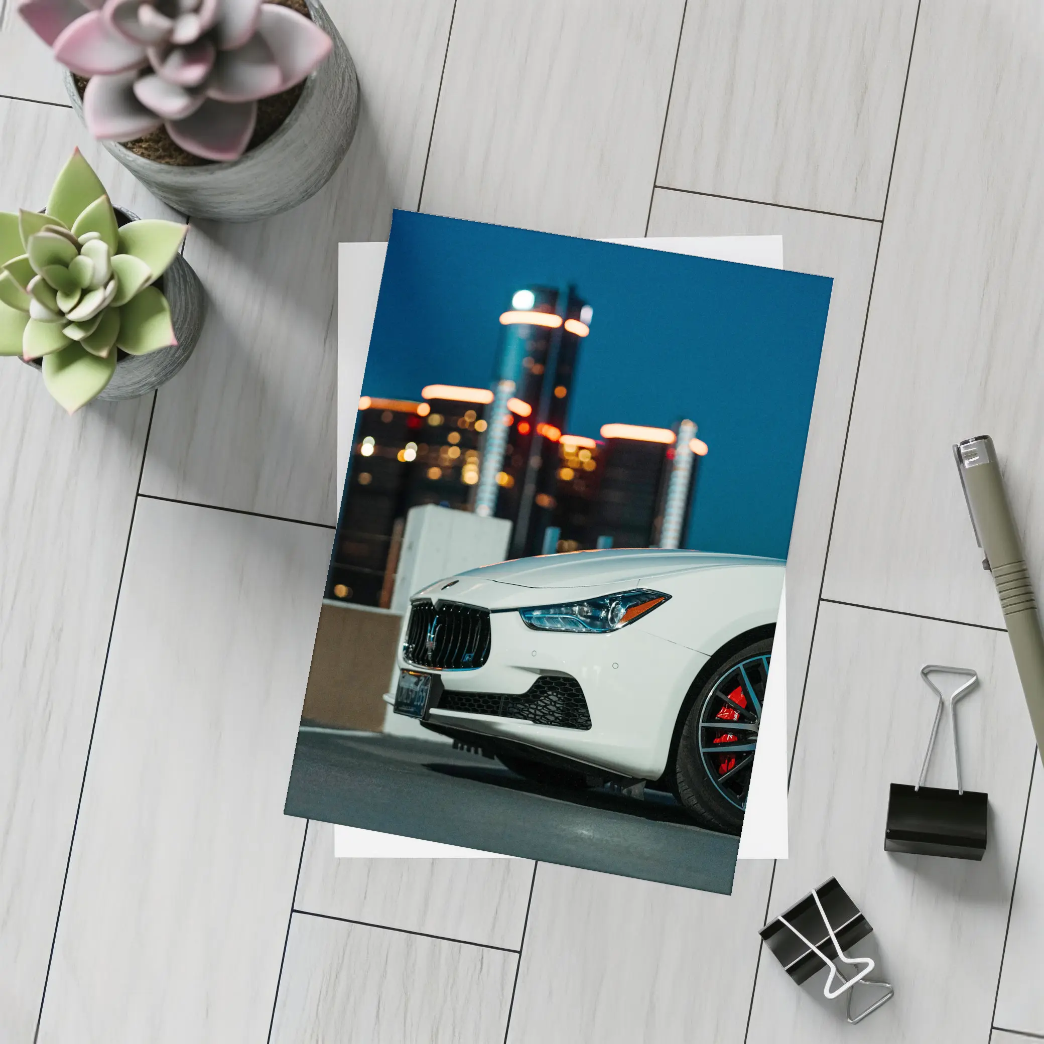 Maserati Ghibli White City Night Background – Postcards
