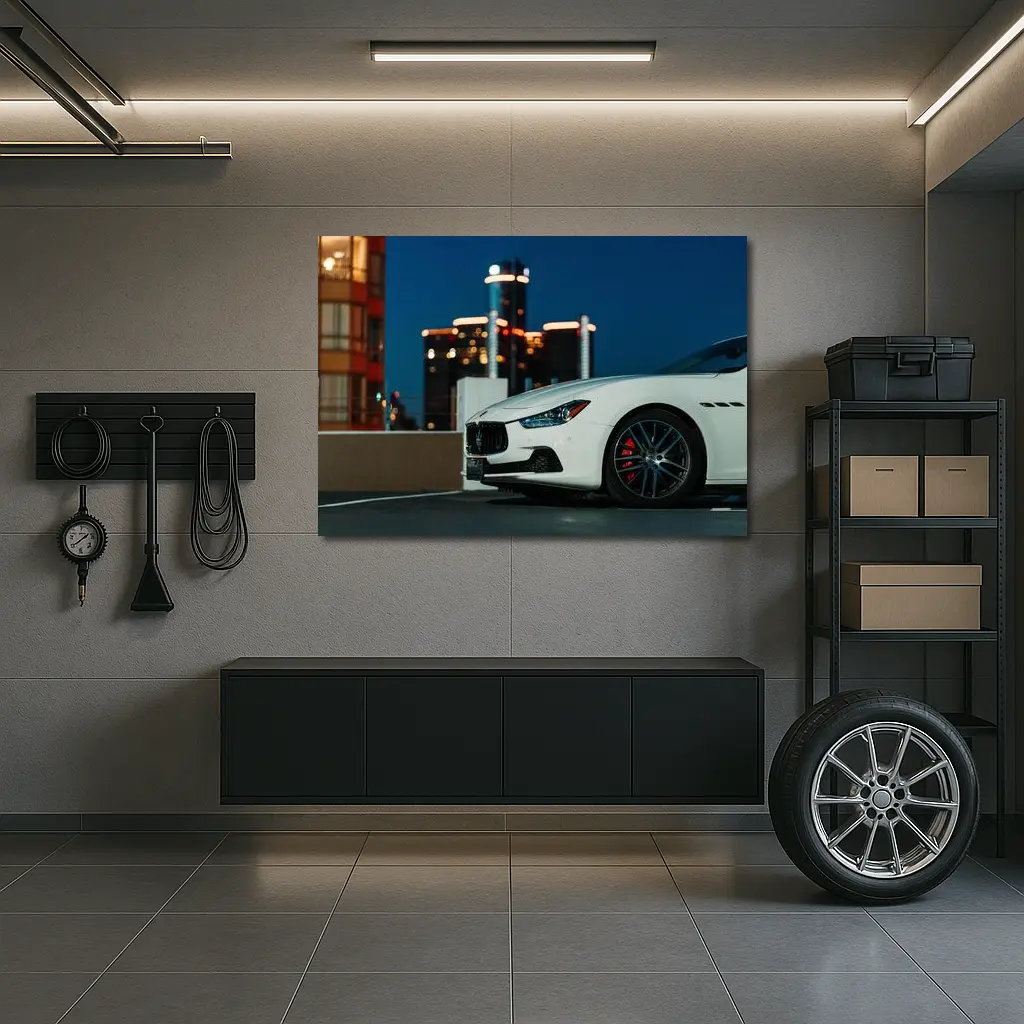 Maserati Ghibli White City Night Background – Wall Art