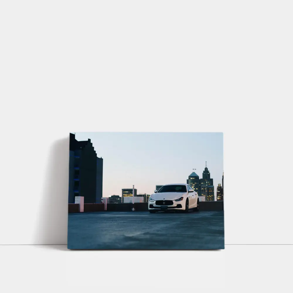 Maserati Ghibli White Rooftop City Skyline – Wall Art