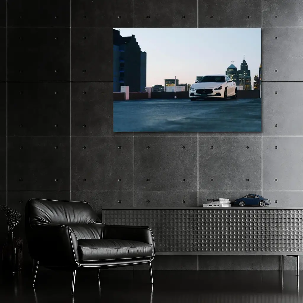 Maserati Ghibli White Rooftop City Skyline – Wall Art