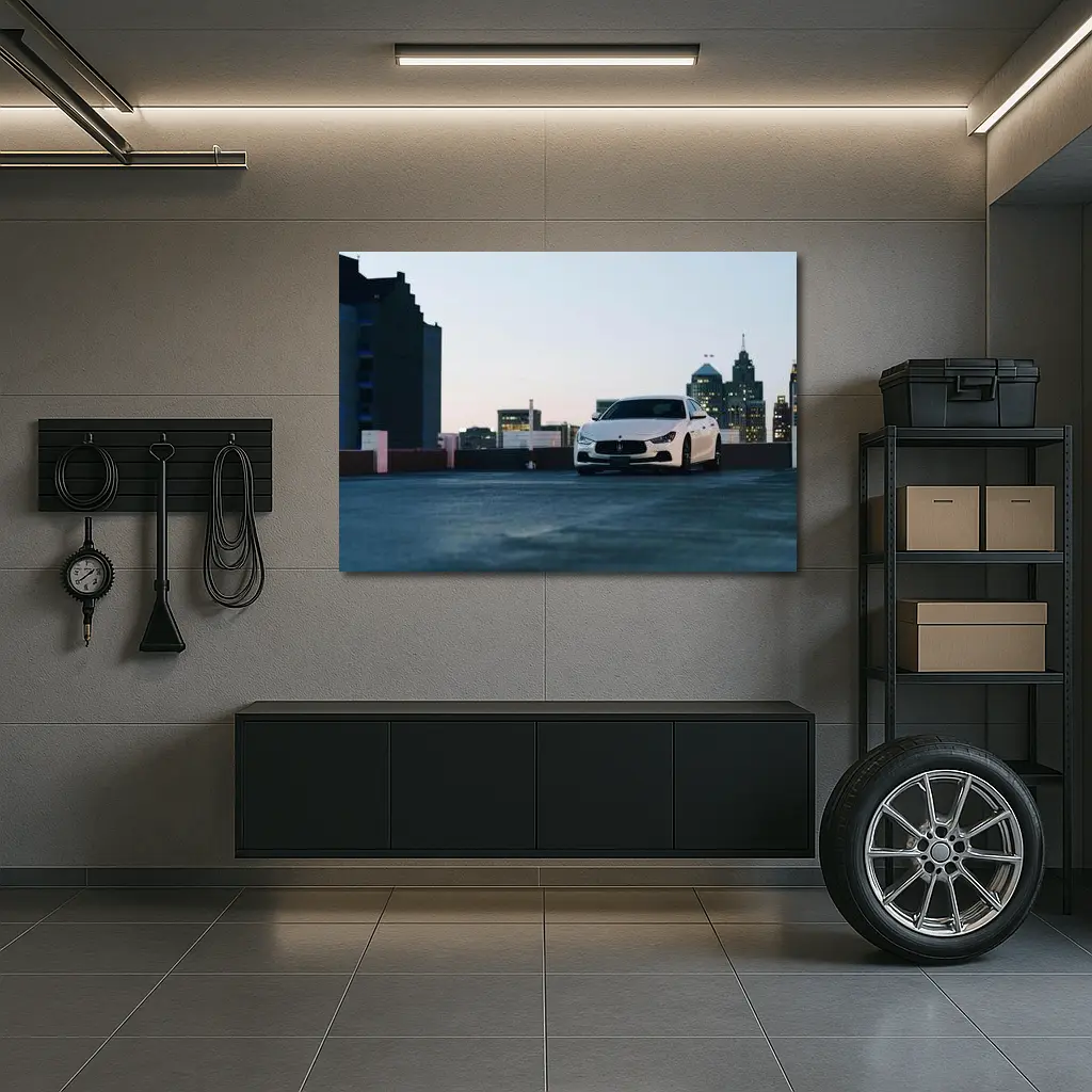 Maserati Ghibli White Rooftop City Skyline – Wall Art