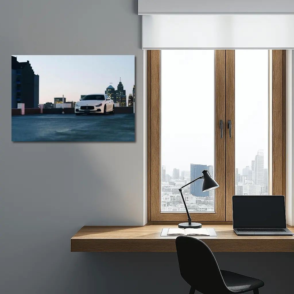 Maserati Ghibli White Rooftop City Skyline – Wall Art