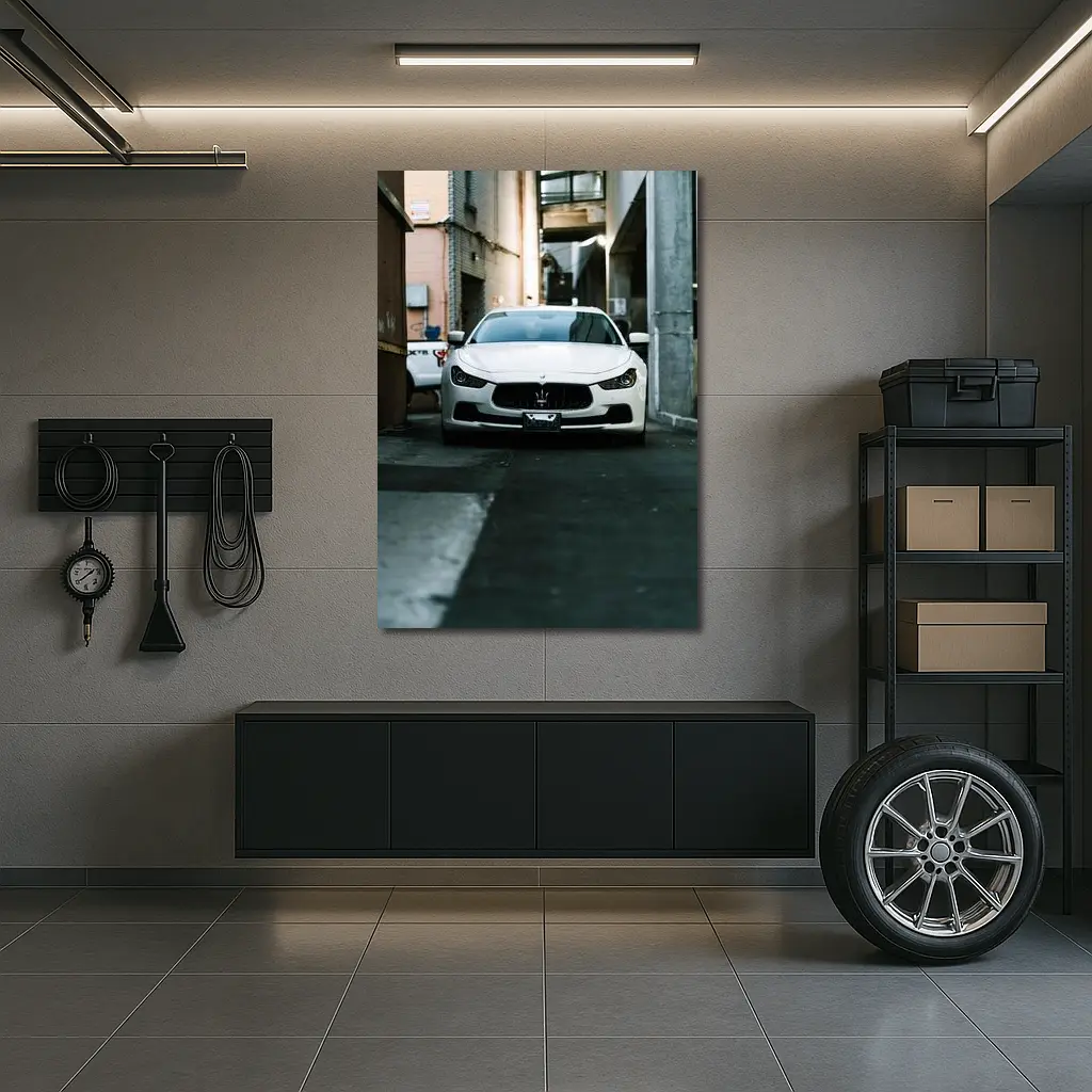 White Maserati Ghibli Parked Urban Alley – Wall Art