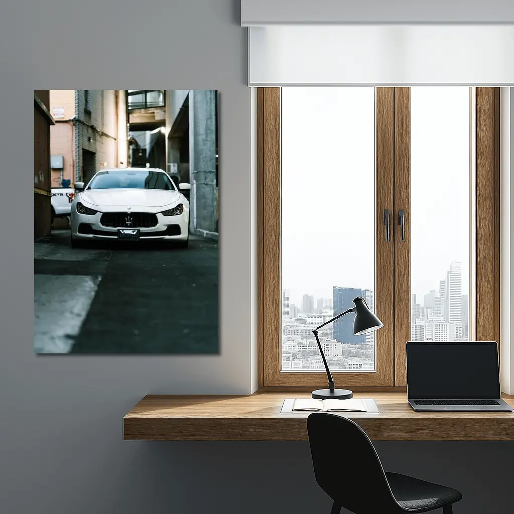 White Maserati Ghibli Parked Urban Alley – Wall Art