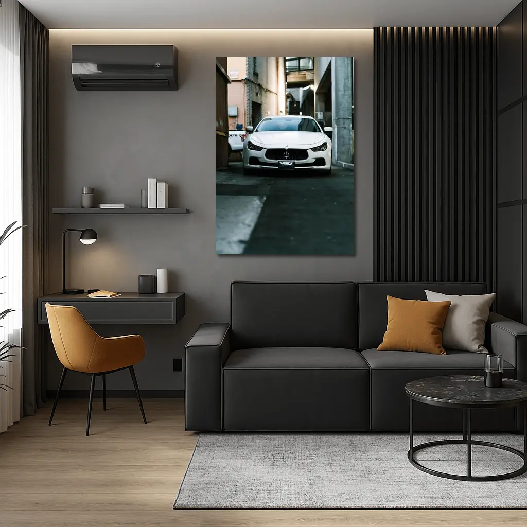 White Maserati Ghibli Parked Urban Alley – Wall Art