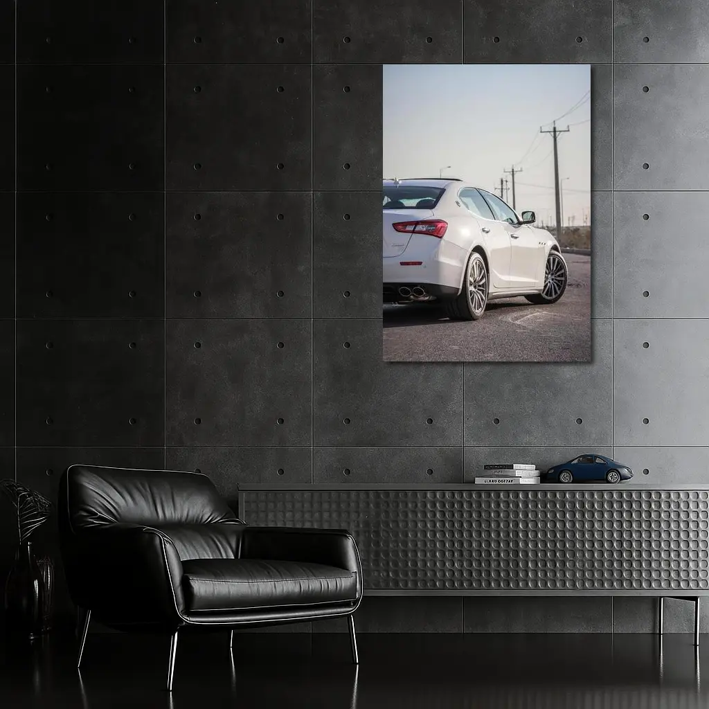 Maserati Ghibli White Sedan Rear View – Wall Art