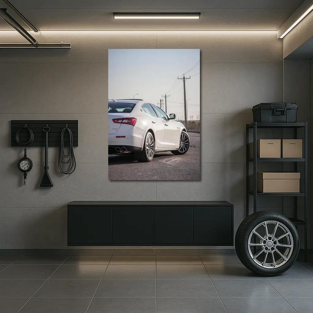 Maserati Ghibli White Sedan Rear View – Wall Art