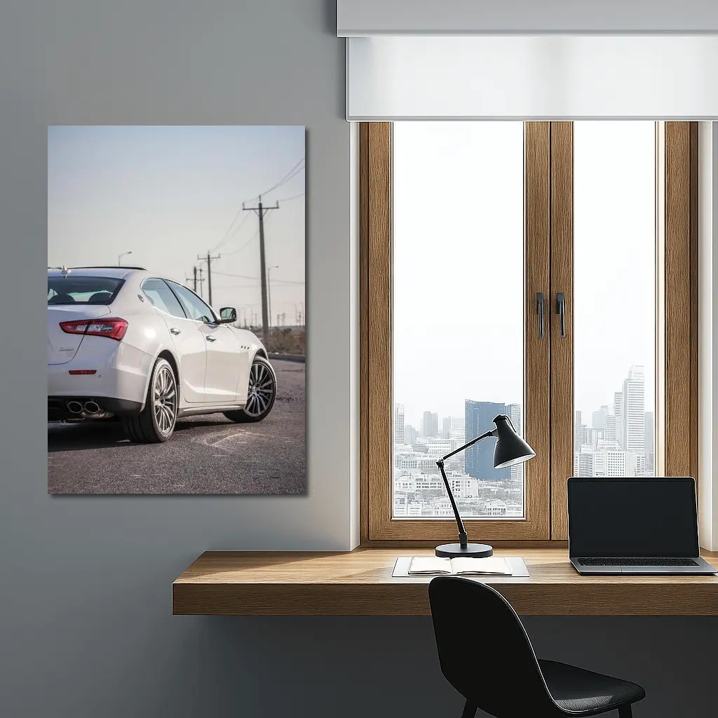 Maserati Ghibli White Sedan Rear View – Wall Art