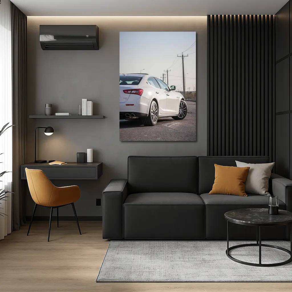 Maserati Ghibli White Sedan Rear View – Wall Art