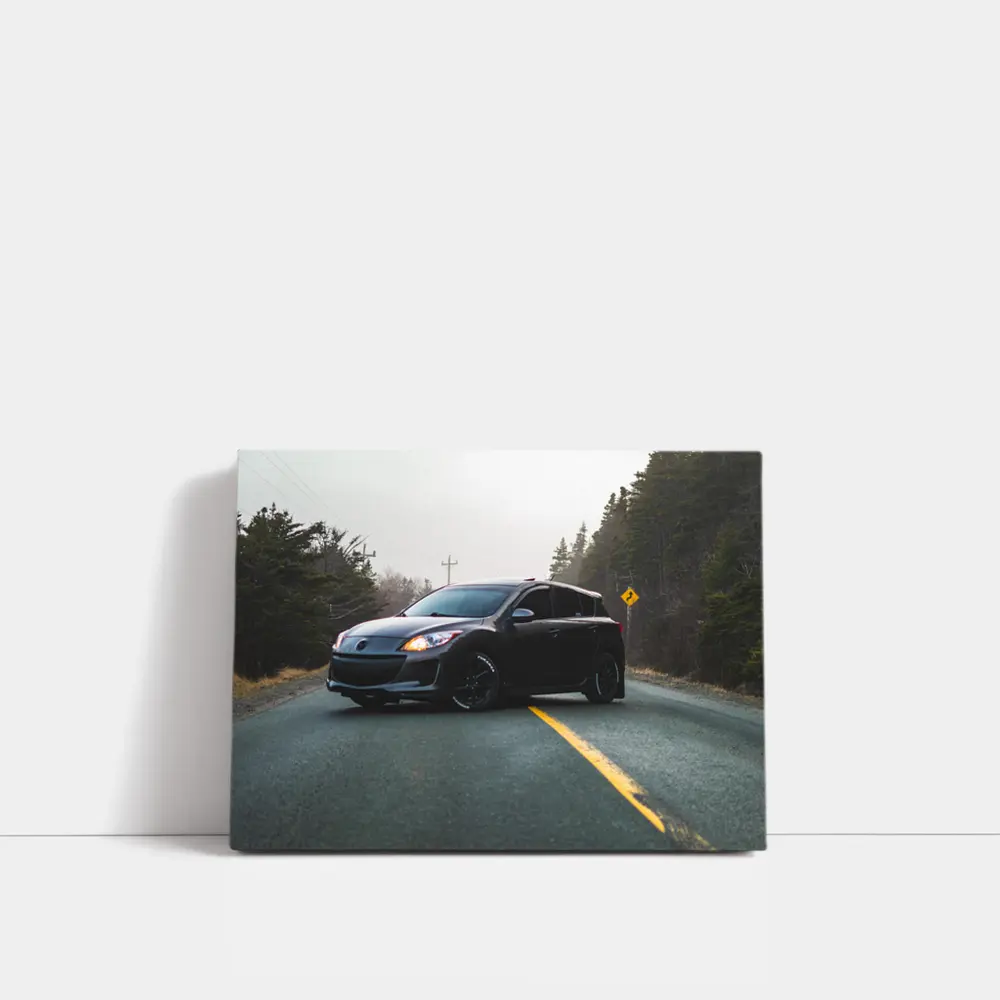 Mazda 3 Hatchback on Foggy Forest Road – Wall Art
