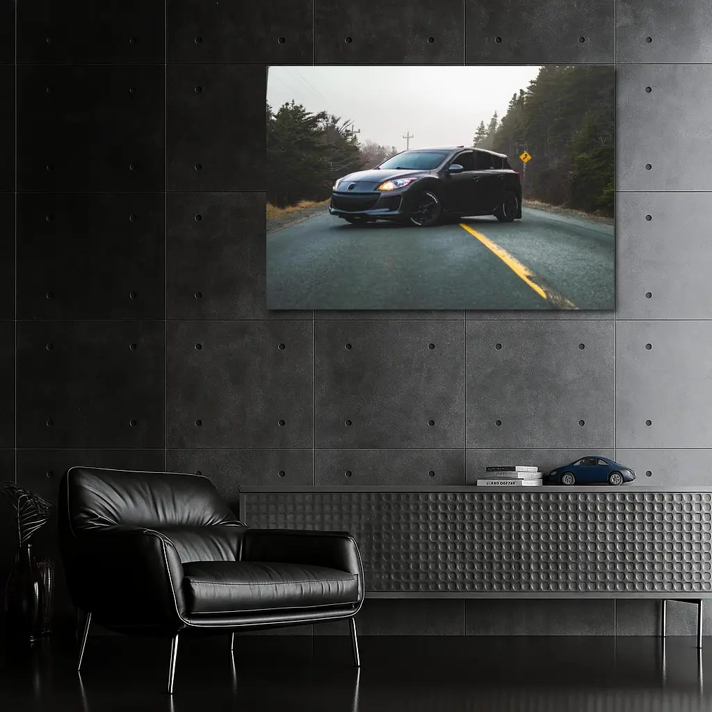Mazda 3 Hatchback on Foggy Forest Road – Wall Art