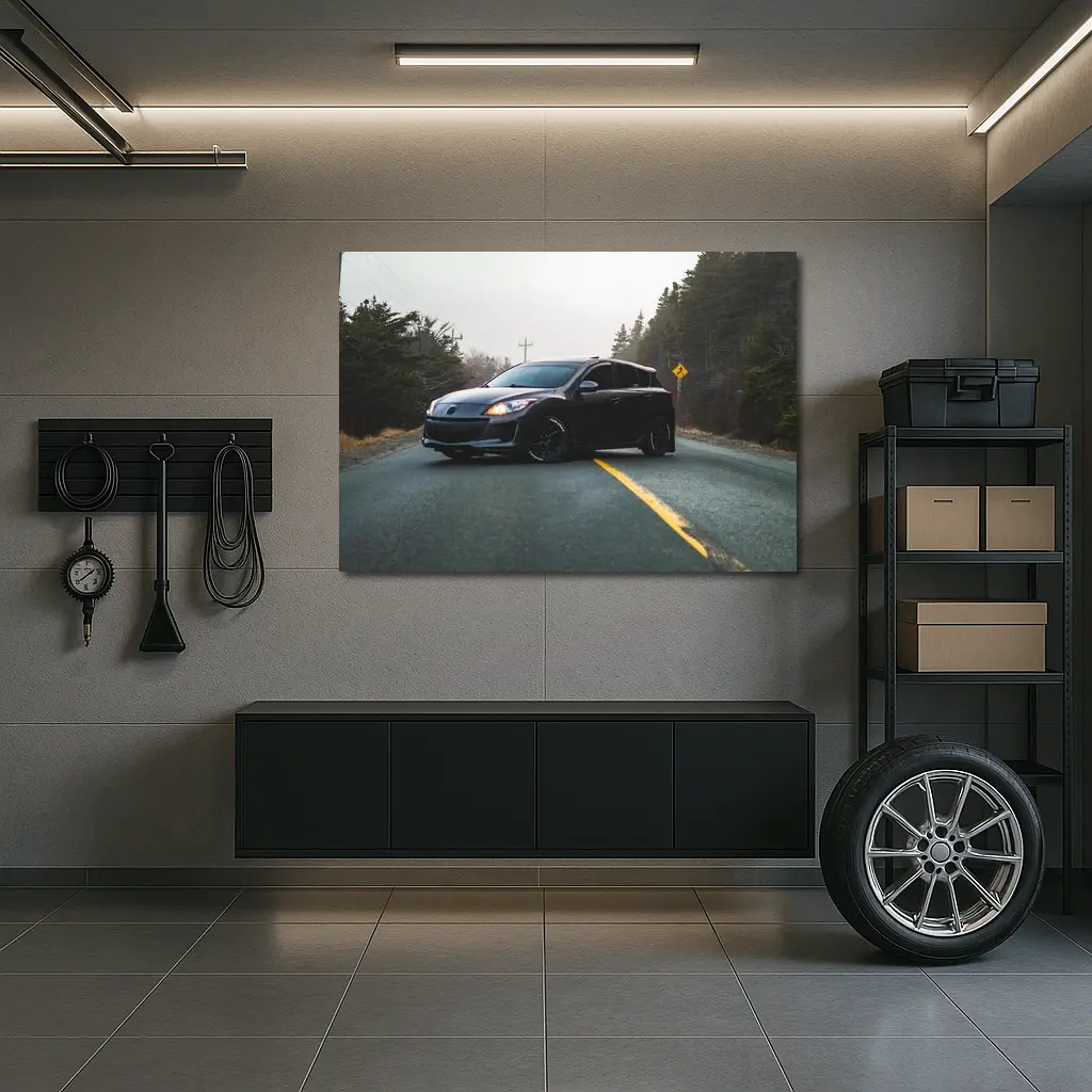 Mazda 3 Hatchback on Foggy Forest Road – Wall Art