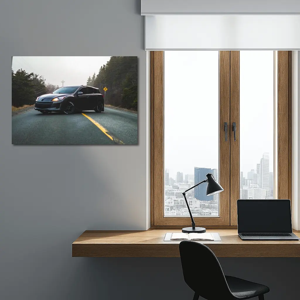 Mazda 3 Hatchback on Foggy Forest Road – Wall Art