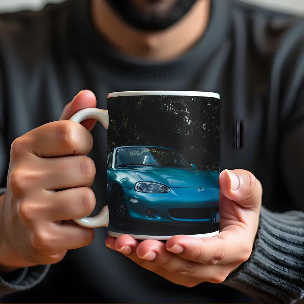 Mazda MX-5 Teal Roadster Forest Background – Mugs