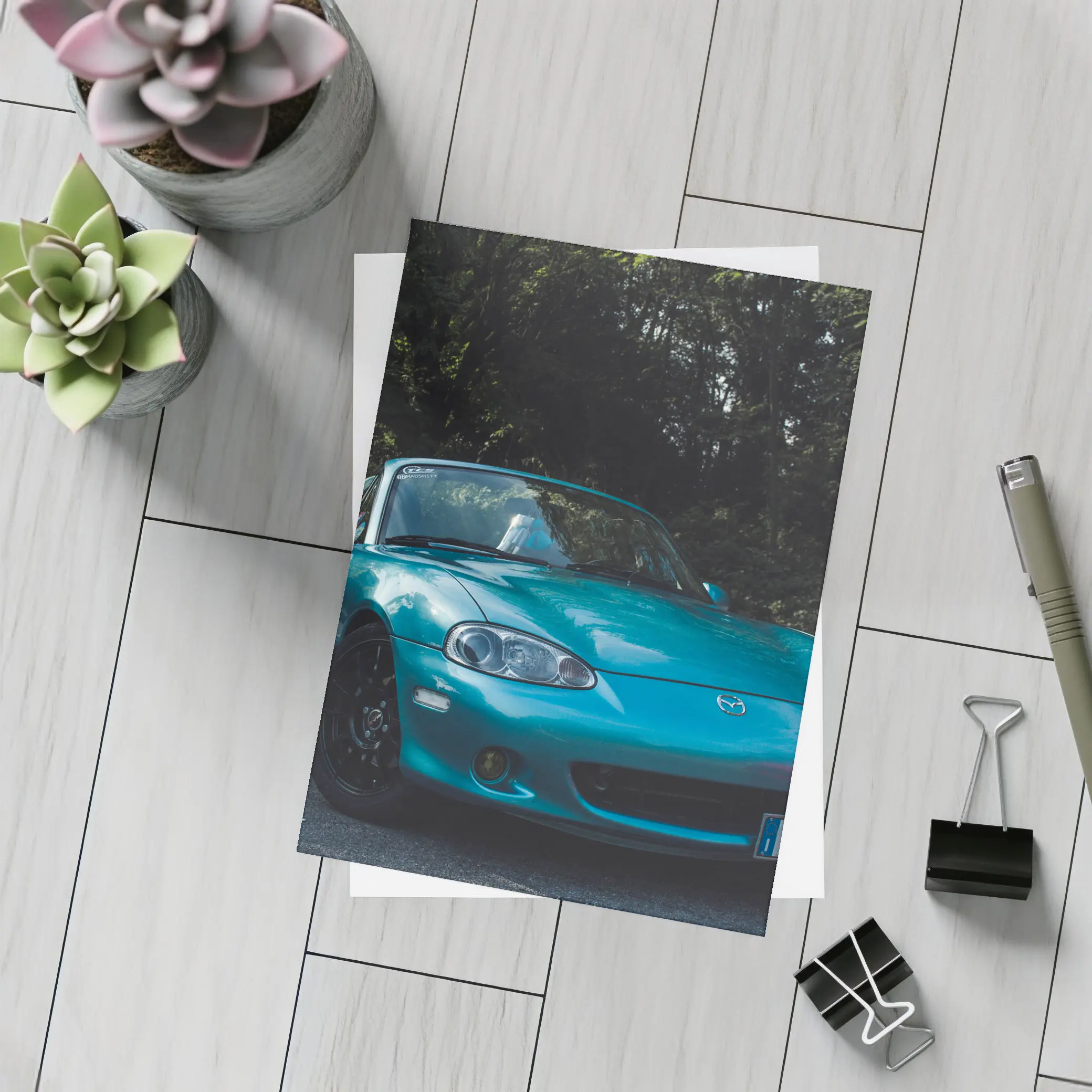 Mazda MX-5 Teal Roadster Forest Background – Postcards