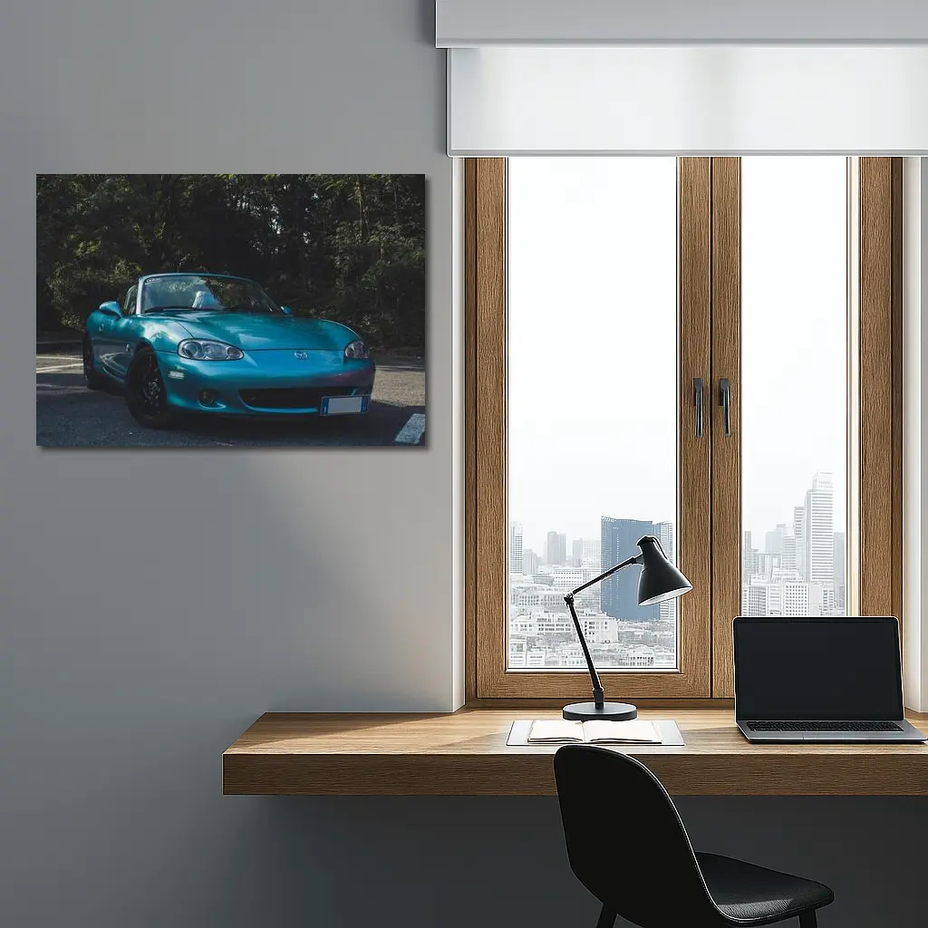 Mazda MX-5 Teal Roadster Forest Background – Wall Art