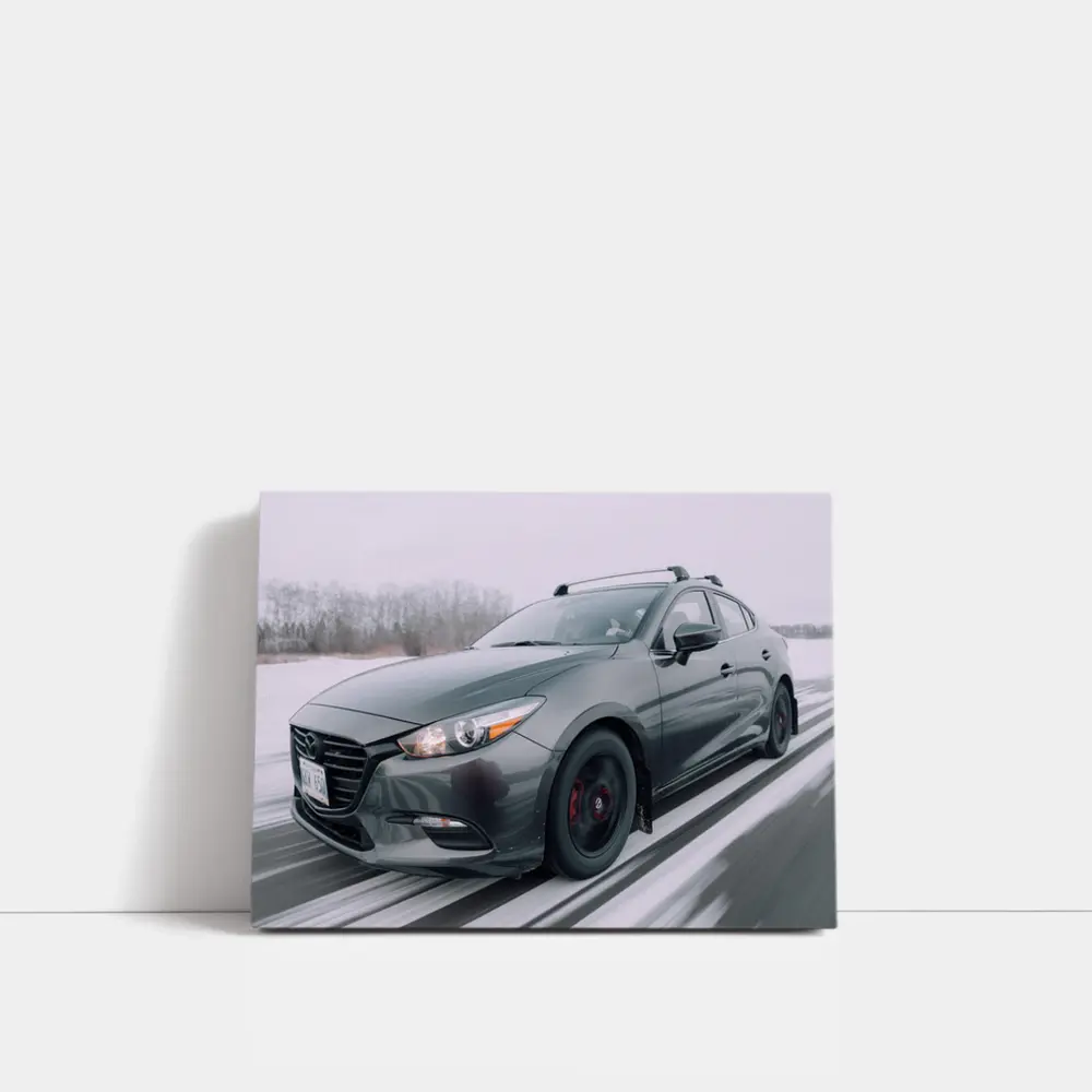 Mazda 3 Hatchback Racing Through Winter Snow – Wall Art