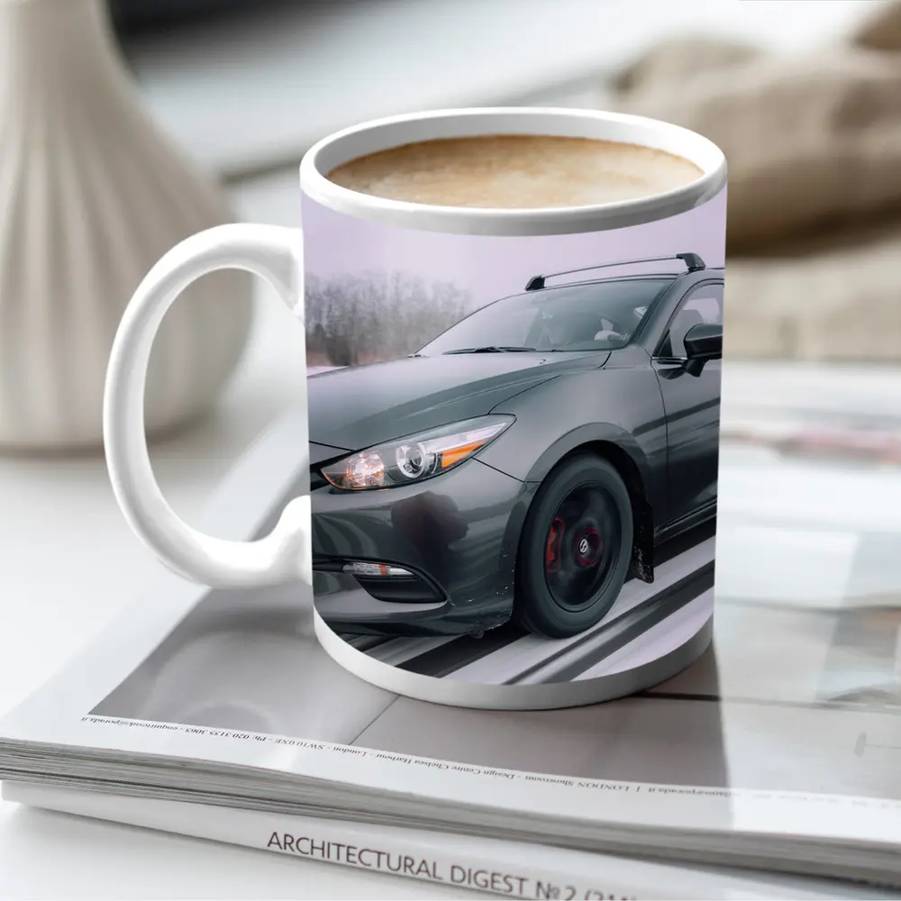 Mazda 3 Hatchback Racing Through Winter Snow – Mugs