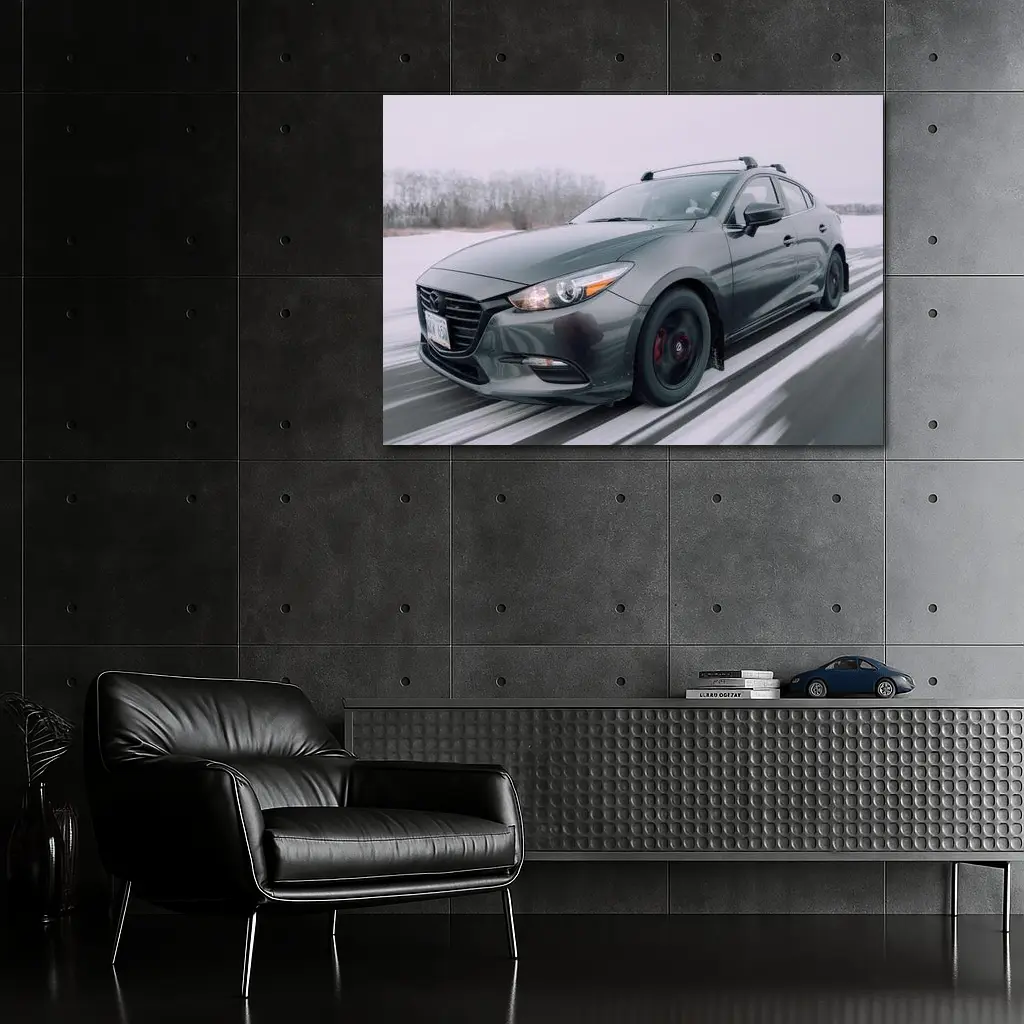 Mazda 3 Hatchback Racing Through Winter Snow – Wall Art