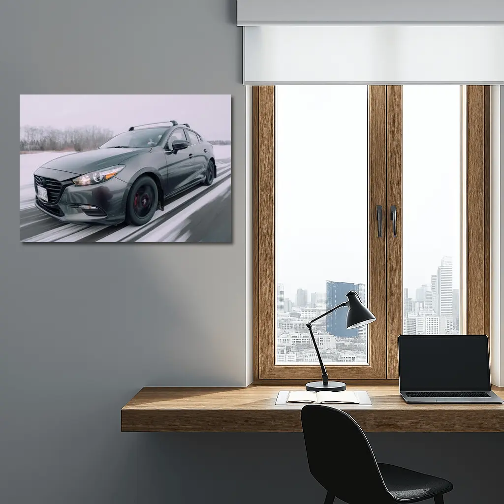Mazda 3 Hatchback Racing Through Winter Snow – Wall Art