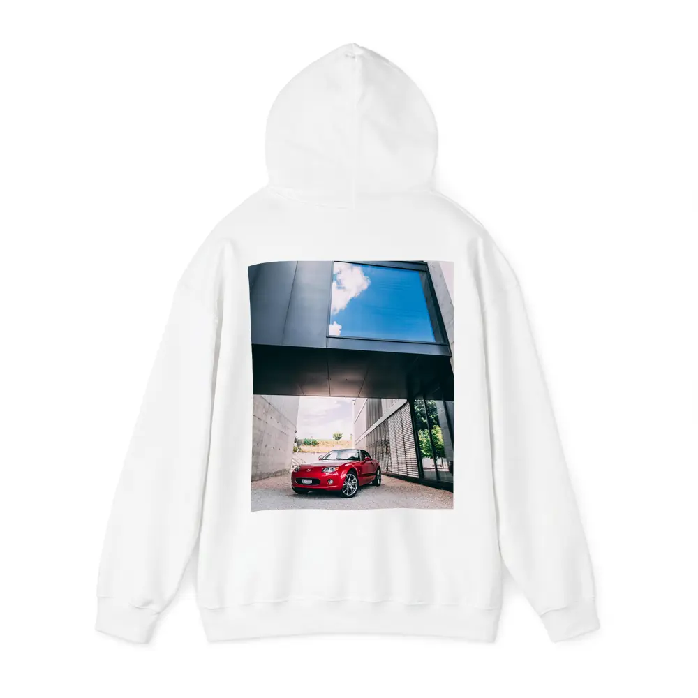 Red Mazda MX5 Parked Under Modern Architecture – Hoodies
