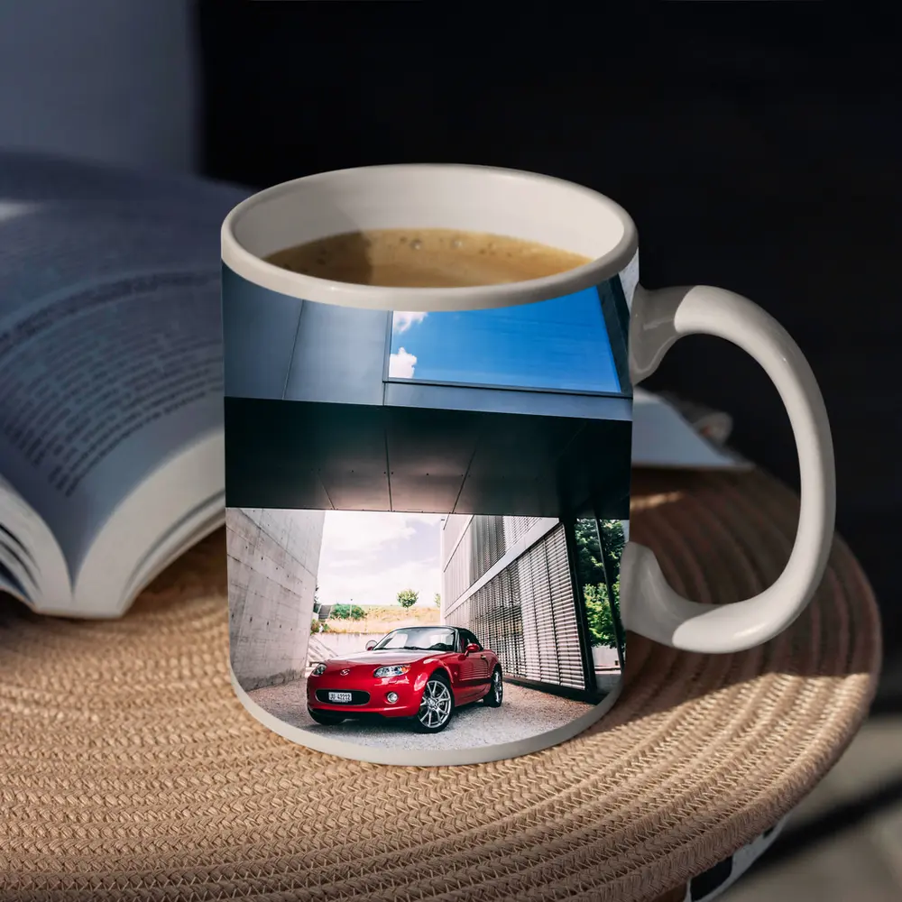 Red Mazda MX5 Parked Under Modern Architecture – Mugs
